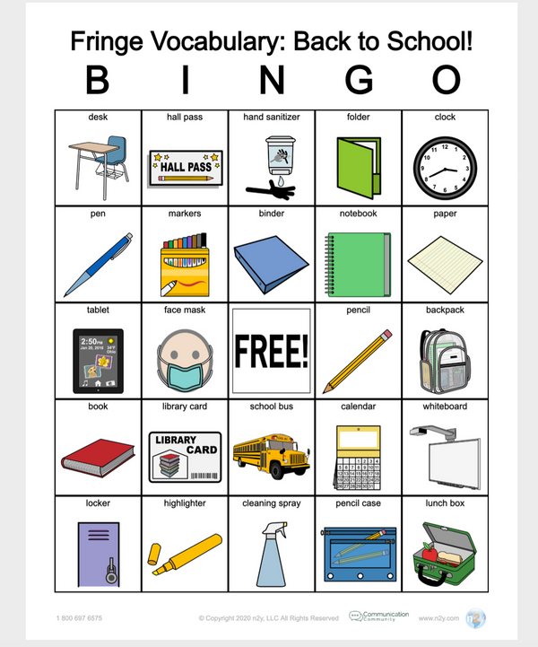 Fringe Vocabulary: Back to School Bingo