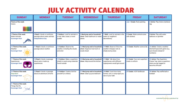 FREE July 2022 Calendar Activities